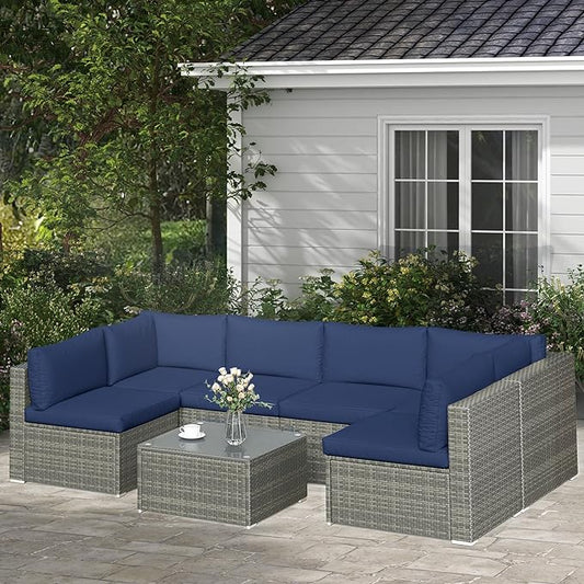 SUNVIVI OUTDOOR 7 Piece Patio Furniture Sets All Weather Gery PE Wicker Couch Sofa with Glass Table, Removable Navy Cushions