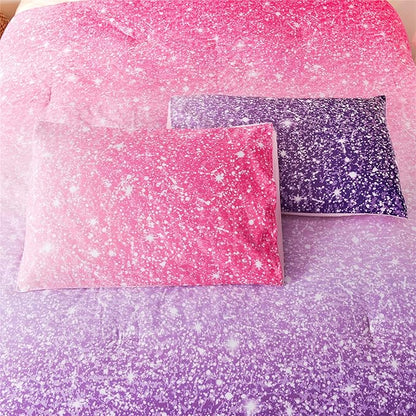 Holawakaka Kids Space Star Glitter Comforter Set Ombre Red & Purple Print Gradient Bedding Set Full Size (Red purple, Full)