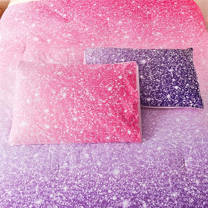 Holawakaka Kids Space Star Glitter Comforter Set Ombre Pink Purple Print Ombre Bedding Set Twin/Twin XL Size Girls Gradient Galaxy Dorm Bed Sets (Pink Purple,Twin)