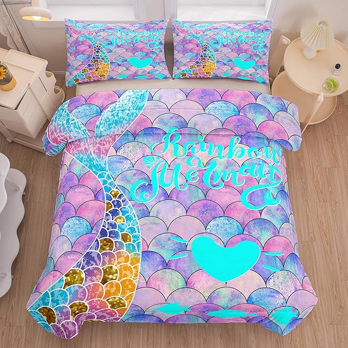 NINENINE Rainbow Mermaid Bedding Twin Princess Comforter Sets for Teens Girls,Blue and Purple Glitter Bedding Sets,Sparkly Fish Scales Comforter Sets with 1 Comforter 1Pillowcase