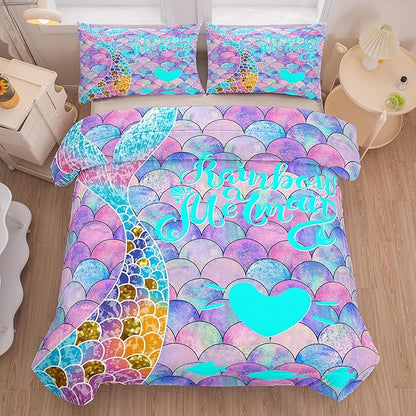 NINENINE Rainbow Mermaid Bedding Twin Princess Comforter Sets for Teens Girls,Blue and Purple Glitter Bedding Sets,Sparkly Fish Scales Comforter Sets with 1 Comforter 1Pillowcase