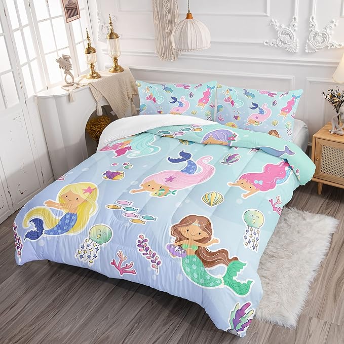 Datura home Girls Mermaid Comforter Set for Girls Women,Kawaii Mermaid Girls Play with Fish Printed Pattern Blue Kawaii Bedding Set with 2 Pillowcases(Girls Full)