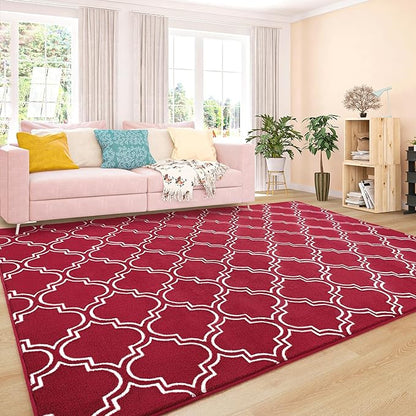 Chicrug Shag Geometric Modern Area Rug for Living Room, 3x5 Feet Large Memory Foam Indoor Carpet, Fluffy Rug for Bedroom Bedside Room Decor for Family Girls Kids Nursery, Wine Red/White