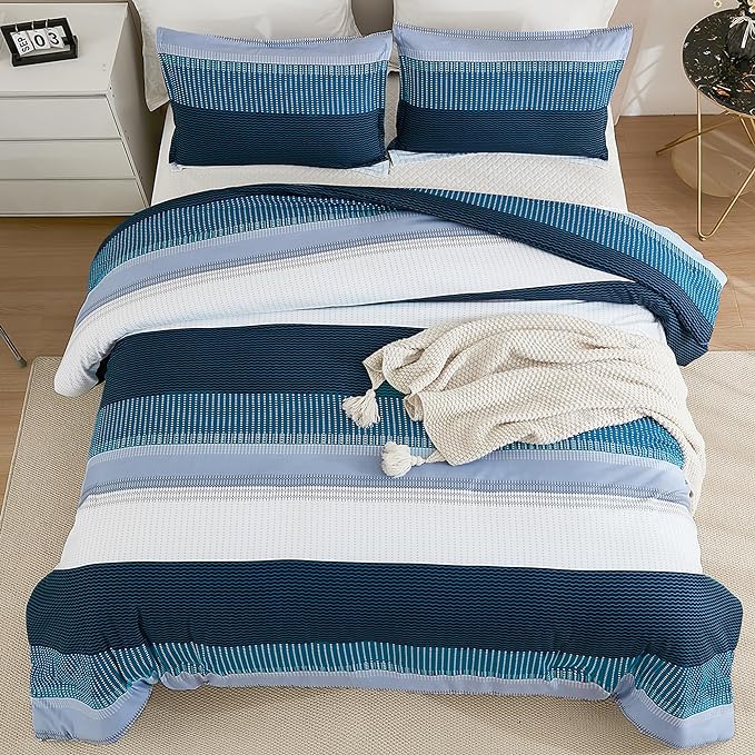 Litanika Navy Blue Comforter Twin/Twin XL Size Set, 2 Pieces Boys Men Bedding Set, Single Blue White Colorblock Striped Bed Set (66x90In Comforter & 1 Pillowcase)