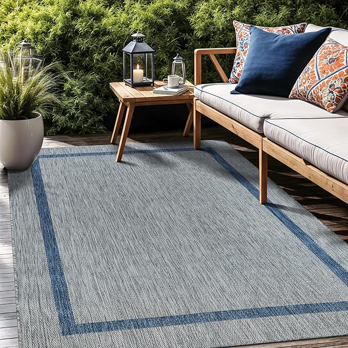 Bordered Outdoor Rug 6x9 Washable Outside Carpet for Indoor Patio Porch Waterproof Easy Cleaning Non Shedding Area Rugs Silver Gray - Blue 6 x 9