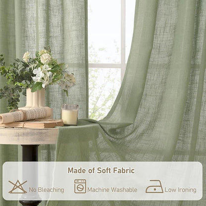 LAMIT Semi Sheer Linen Curtains 54 Inch Long 2 Panels, Sage Green Light Filtering Panels Bronze Grommet Linen Textured Christams Window Drapes for Kitchen/Windows/Bedroom, 52 x 54 Inch