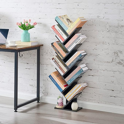 Hoctieon 10 Tier Tree Bookshelf, 10 Shelf Bookcase, Free Standing Tree Bookcase, Display Floor Standing Shelf for Books, Book Organizer Shelves for Home Office, Living Room, Bedroom, Black