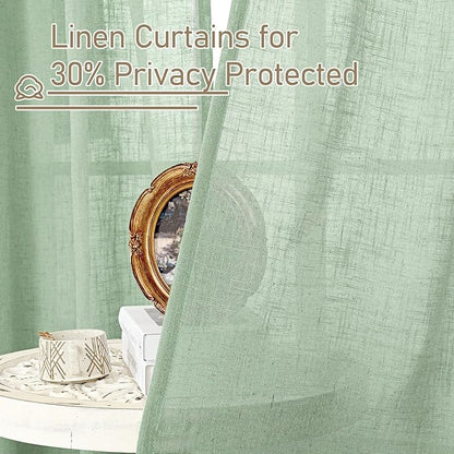 LAMIT Fresh Green Linen Sheer Curtains 45 inch for Kitchen, Soft Thick Light Filtering Boho Decor Neutral Drapes with Bronze Grommet for Basement/Window, 2 Panels, 34 x 45 Inch