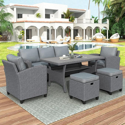 Outdoor Rattan Sectional Sofa with Dining Table, Chairs and Stools for Garden Backyard, 6-Piece Patio Furniture Set All-Weather Wicker Conversation Couch, Onesize, Gray