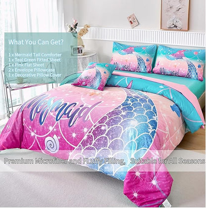 RYNGHIPY Kids Girls Comforter Set 6Pcs, Mermaid Bed in a Bag Full Size, Fish Tail Print Teens Girls Bedding Set, Rainbow Bedding Collections
