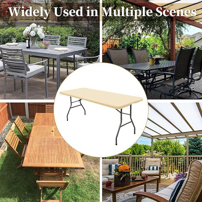 10 Pack Fitted Tablecloth for 8 Foot Rectangle Tables, Beige Elastic Outdoor Picnic Table Cover, Washable Stretch Folding Table Cloths 8 ft for Camping Party Patio Kitchen Banquet, 30" W x 96" L