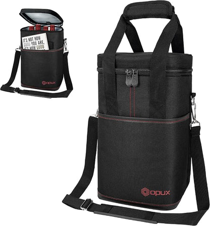 Opux 4 Bottle Insulated Wine Cooler Bag - Leakproof Padded Portable Wine Bottle Carrier for Travel Picnic BYOB Gift (Black)