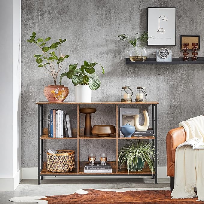 VASAGLE Bookshelf, Cube Shelf, Console Table, TV Stand with 6 Storage Cubes, for Office, Living Room, Bedroom, 13 x 47.2 x 31.5 Inches Industrial Design, Rustic Brown and Black ULLS104B01