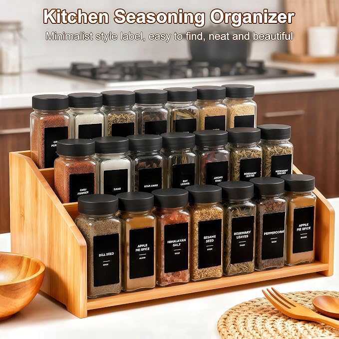 24 Spice Jars with Labels, 4oz Seasoning Jars for Cabinets, Drawers, Racks | Lead-free glass seasoning containers with black airtight lids, and they are dishwasher safe