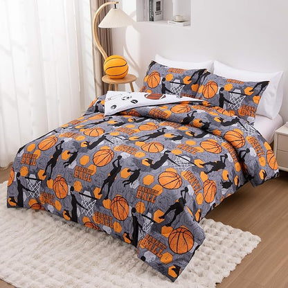 Btargot 3 Piece Grey Geometric Basketball Comforter Set Full for Boys Teens, 3D Sports Bedding,Soft Microfiber Reversible Quilt with 2 Matching Pillow Shams, Yellow