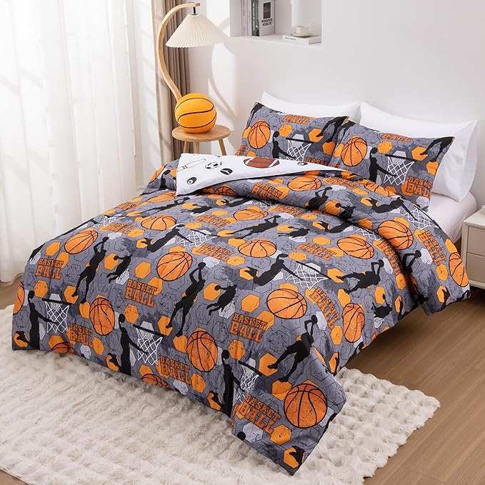 Btargot 3 Piece Grey Geometric Basketball Comforter Set Twin for Boys Teens, 3D Sports Bedding,Soft Microfiber Reversible Quilt with 2 Matching Pillow Shams, Yellow