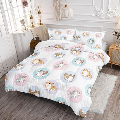 Datura home White Kawaii Cat Comter Bedding Set Girls Kitten White Print Cute Animal Pattern Bedding Set with 1 Comter and 2 Pillowcases Girls Bedroom All Season(Cat White), Queen 90x90inches