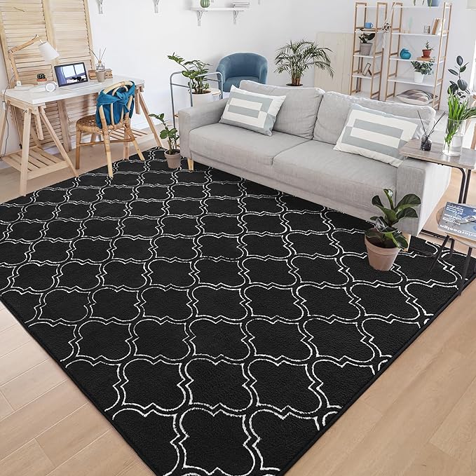 Chicrug Shag Geometric 6x9 Area Rug for Living Room, Large Modern Memory Foam Indoor Carpet, Fluffy Rug for Bedroom Bedside Room Decor for Family Girls Kids Nursery, Black/White