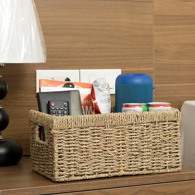 CENBOSS Wicker Baskets (Medium, Seagrass, 1PC) Rattan Storage Baskets for Shelves, Woven Seagrass Holder