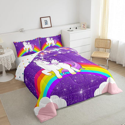 Kids Unicorn Comforter Set Queen Cartoon Rainbow Bedding Set for Girls Children Purple Cute Unicorn Glitter Down Comforter Kawaii Galaxy Stars Fantasy Geometric Room Decor Bedding Comforters & Sets