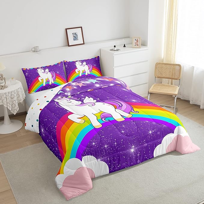 Unicorn Comforter Set Full Rainbow Bedding Set For Girls Children Purple Cute Unicorn Glitter Down Comforter Kids Cartoon Kawaii Warm Soft Duvet Set Galaxy Stars Fantasy Bedroom Decor 2 Pillow Cases