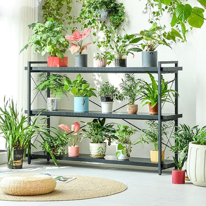HCHQHS Bookshelf, 3-Tier Long Industrial Bookcase, Black Open Book Shelf, Freestanding Horizontal Bookshelves with Metal Frame