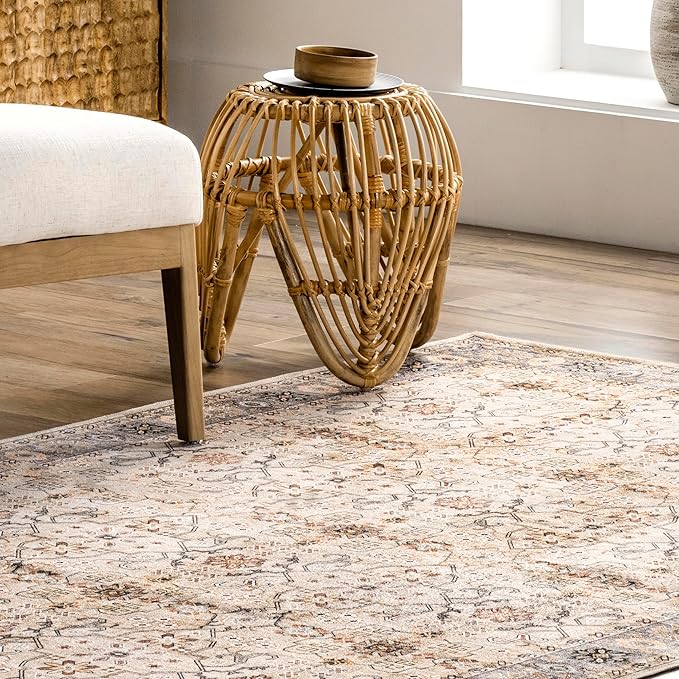 nuLOOM Annelle Floral Border Machine Washable Ultra Thin Area Rug, 4' x 6', Beige