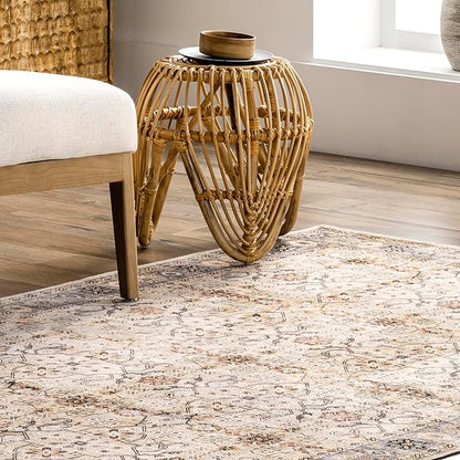 nuLOOM Annelle Floral Border Machine Washable Ultra Thin Area Rug, 4' x 6', Beige