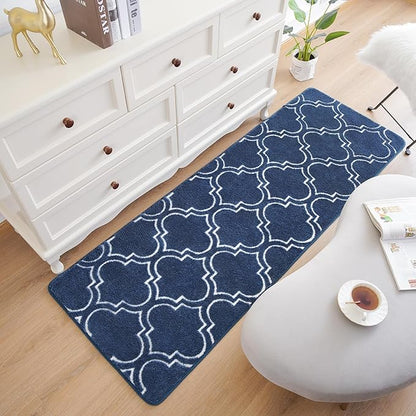 Chicrug Shag Geometric Modern Runner Rug for Bedroom, 2x6 Feet Memory Foam Indoor Hallway Runner Carpet, Fluffy Rug for Living Room Bedside Room Decor for Family, Navy/White