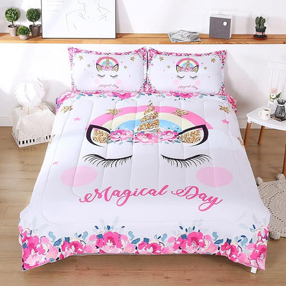 Unicorn Comforter Set 3pc Pink Flower Girl Unicorn Bedding Set for Teen Girls