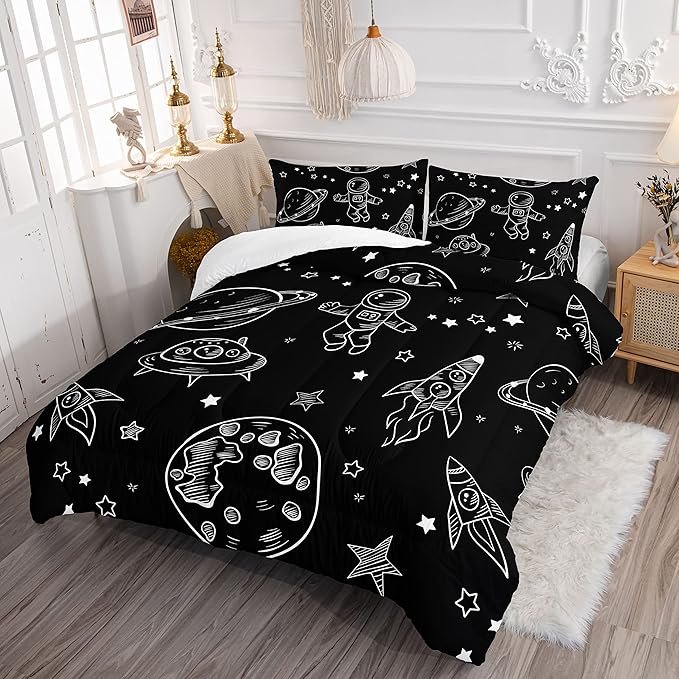 Datura home Kids Space Astronaut Comforter Set for Boys Kids Children,Galaxy Space Ship Astronaut Rocket Printed Bedding Set with 1 Comforter and 2 Pillowcases(Space Galaxy Twin), Twin 68x86inches
