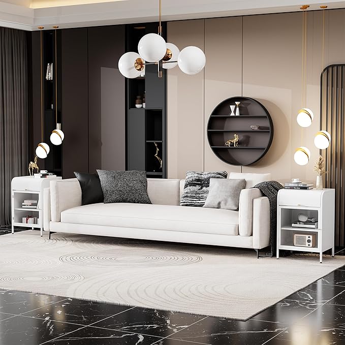 Modern Metal Side Tables, End Tables with Glass Door, 2-Tier Nightstands with Storage Shelves, Accent Table, Slim Sofa Table for Living Room, Bedroom (1, White)