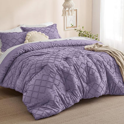 Bedsure Queen Comforter Set - Grayish Purple Comforter, Boho Tufted Shabby Chic Bedding Comforter Set, 3 Pieces Farmhouse Bed Set for All Seasons, Fluffy Soft Bedding Set with 2 Pillow Shams