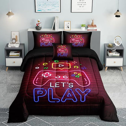 6 PCS Gamer Bedding Sets,Gaming Comforter Set for Boys,Kids Bedding Sets for Boys,Full Size Bedding Sets for Boys,Bed in A Bag with Sheets(Full,Red Color)