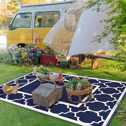 GENIMO 5' x 8' Outdoor Rug Waterproof for Patio Fall Decor, Foldable Reversible Plastic Straw Area Rugs Mat for Camper, Outside Carpet for Rv, Deck, Porch, Picnic, Beach, Balcony, Blue & White