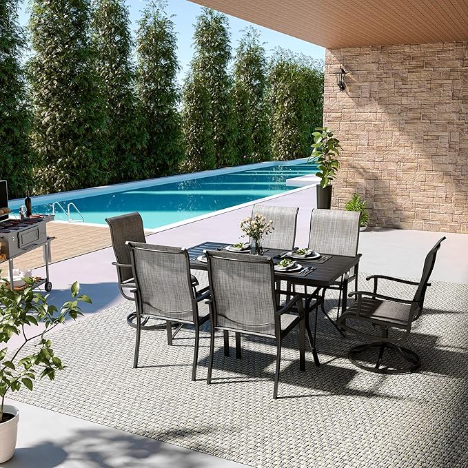 Pamapic 7 Pieces Patio Dining Set, Outdoor Dining Set for Garden Backyard Poolside Deck,Outdoor Table and Chairs Set with 4 Textilene Swivel Chairs ＆ 2 Regular Chairs,Gray
