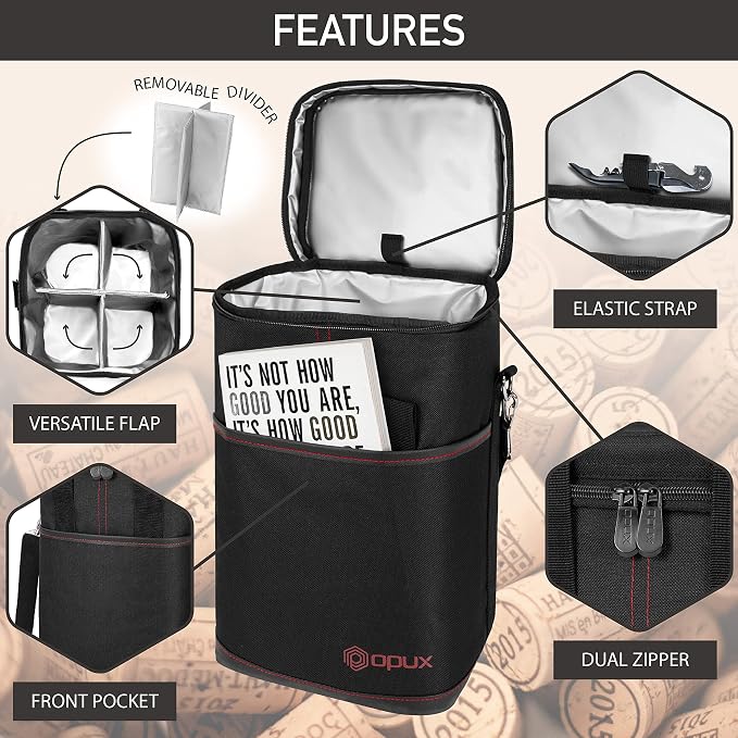 Opux 4 Bottle Insulated Wine Cooler Bag - Leakproof Padded Portable Wine Bottle Carrier for Travel Picnic BYOB Gift (Black)