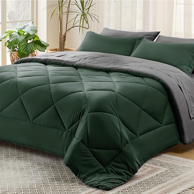 Bedsure Forest Green Full Size Comforter Set - 7 Pieces Reversible Full Bed in a Bag, Full Bed Set Forest Green and Grey with Comforters, Sheets, Pillowcases & Shams