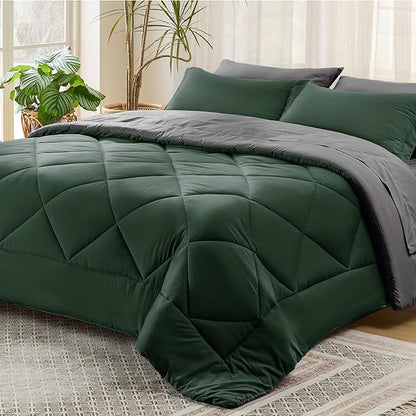 Bedsure Forest Green Full Size Comforter Set - 7 Pieces Reversible Full Bed in a Bag, Full Bed Set Forest Green and Grey with Comforters, Sheets, Pillowcases & Shams