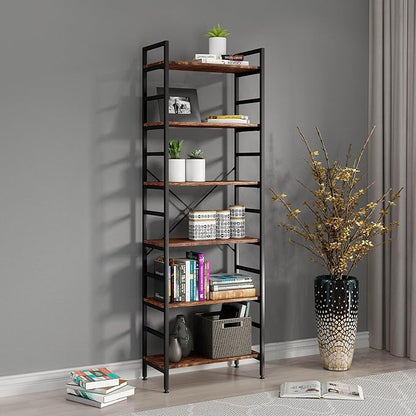 6 Tier Industrial Bookcase Shelf,Tall Bookshelf Industrial Corner Storage Organizer for Bedroom/Living Room/Home Office - Rustic Brown Modern Book Shelf for Books and Movies