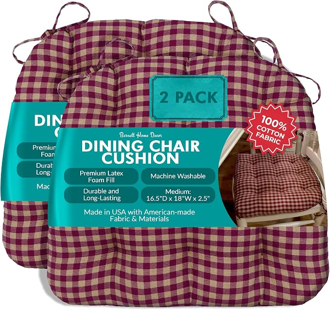 Barnett Home Decor Dining Chair Cushions with Ties, 16.5 x 18 Inches, Pack of 2 – Machine Washable, Made with 100% Cotton and Plush Latex Foam Fill, Made in USA – Farmhouse Check Dark Red