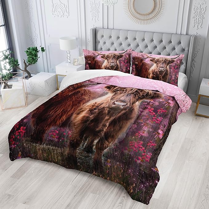 Cow Print Comforter Set Full Size Cherry Blossoms Cow Bedding Set Farmhouse Animals Quilt Bed Set with 1 Comforter and 2 Pillowcases