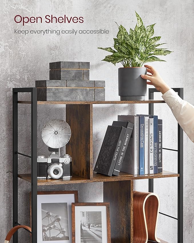 VASAGLE Bookshelf, 5-Tier Bookcase, Storage Shelving Unit, Display Shelf with Open Compartments for Living Room Home Office, Bedroom, Industrial, 11.8" D x 29.1" W x 59.1" H, Rustic Brown + Black
