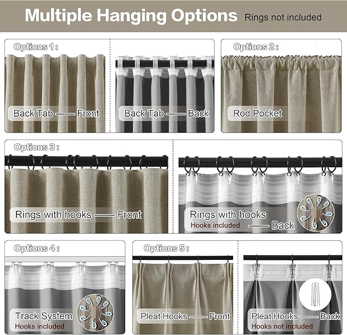 102 Inch Long Blackout Linen Blend Curtains 2 Panels,70 Wide Back Tab Pinch Pleated Look Window Drapes with Hooks,Track System Curtain Panels for Sliding Door Modern Farmhouse 70x102 Light Taupe
