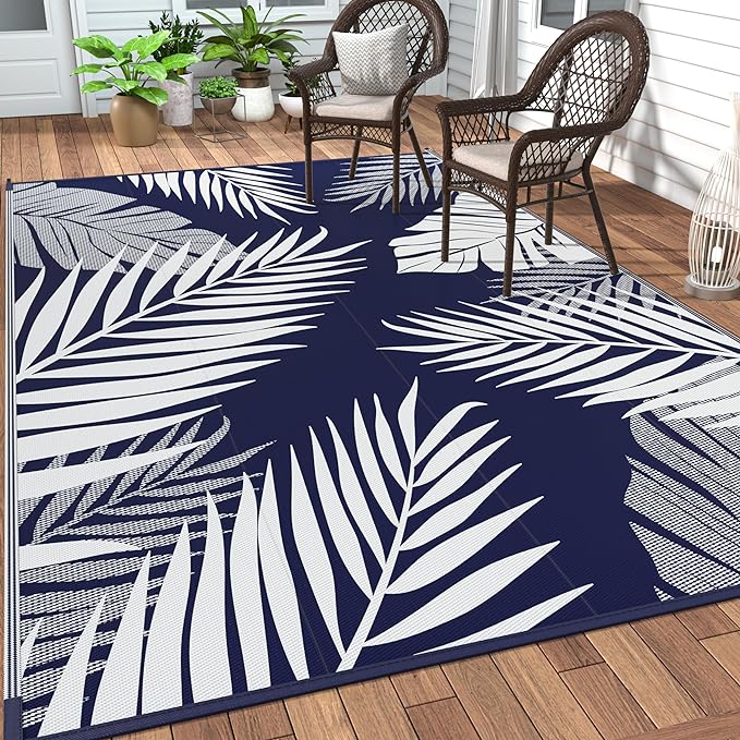 GENIMO Outdoor Rug 10' x 14' Waterproof for Patios Clearance, Reversible Outdoor Plastic Straw Camping Rug Carpet, Large Area Rugs Mats for RV, Camper, Deck, Balcony, Porch, Beach, Navy Blue&White
