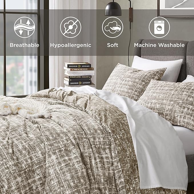 Hyde Lane Full/Queen Comforter Set, Taupe Boho Modern Aesthetic Soft Bedding, Plaid Lines Pattern Neutral Bed Sets for All Season, 3 Pieces includes 1 Comforter, 2 Shams (90"x 90")