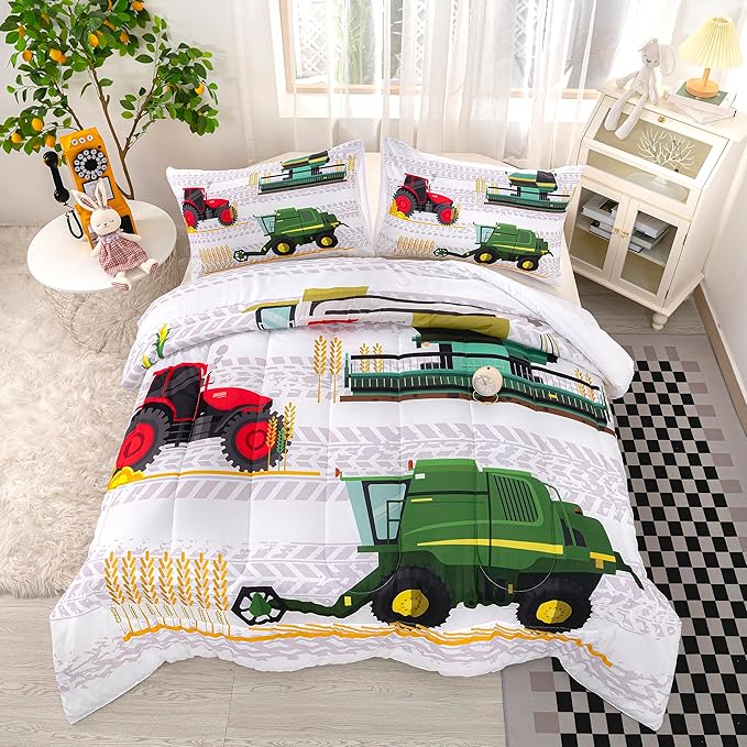 CVHOUSE Tractor Bedding Sets for Boys,Excavators Comforter Full,Boys Cartoon Truck Comforter Set,Trucks Tractors Cars Quilt Set with 1 Comforter and 2 Pillow Cases- 3 Piece