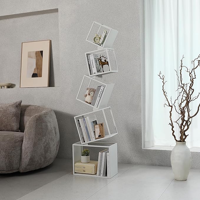 Bookshelf, 5-Tier Bookcase White, 67" Tall White Bookshelf, 5 Tier Bookshelf, Industrial Bookshelf, Modern Book Storage, Storage Shelves for CDs/Books/Home Decor, Display Shelf