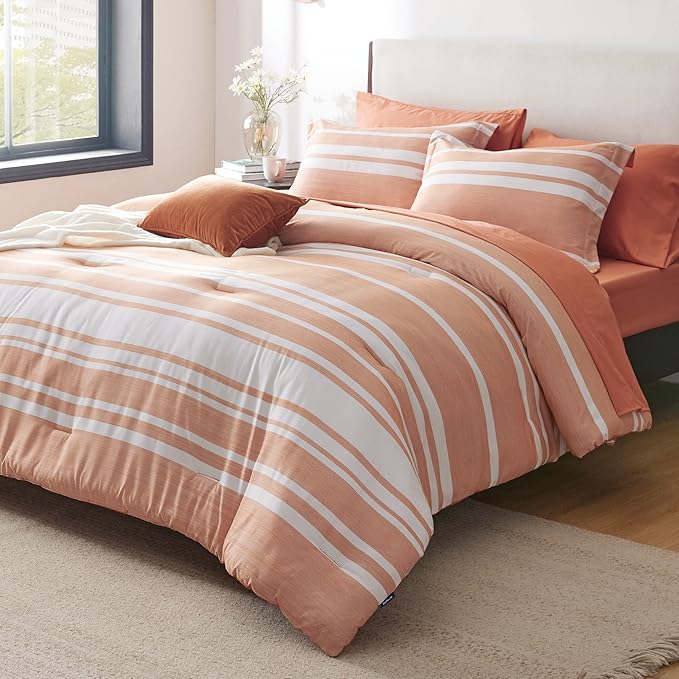 Bedsure Bed in a Bag California King Size 7 Pieces, Burnt Orange White Striped Bedding Comforter Sets All Season Bed Set, 2 Pillow Shams, Flat Sheet, Fitted Sheet and 2 Pillowcases