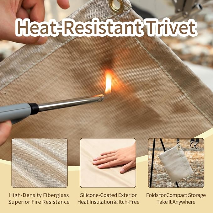 Fireproof Blanket,Made of Fiberglass with Bound Edges and Metal Perforations, can be Laid Flat or Hung up, Suitable for Camping, Home fire Protection,BBQ Grill mats.(17.72x17.72 Inch, Khaki)